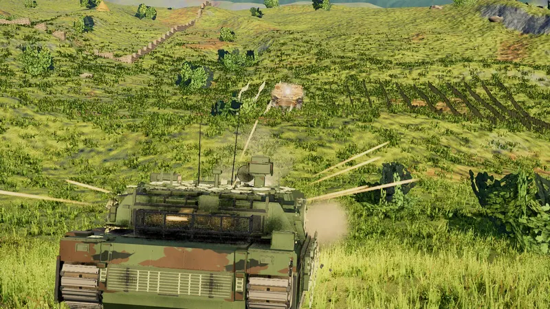 A camouflaged tank fires across a grassy hillside