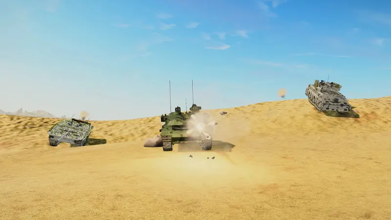Three tanks trade fire on desert dunes